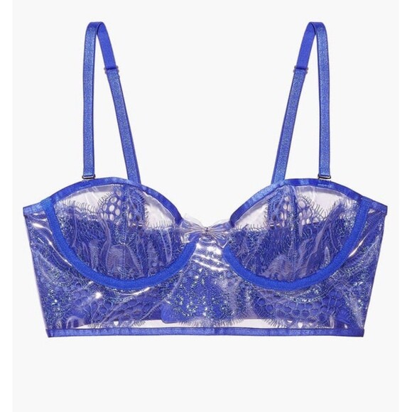 Savage X Fenty Hyper Real Lace And Vinyl Bustier Blue Cyber Cafe Sz M New - Picture 1 of 8